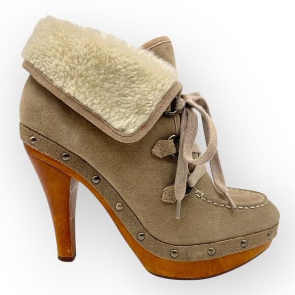 Guess GW Bountiful Wood Platform Fur Lined Ankle Bootie Tan Suede Leather - Picture 1 of 13